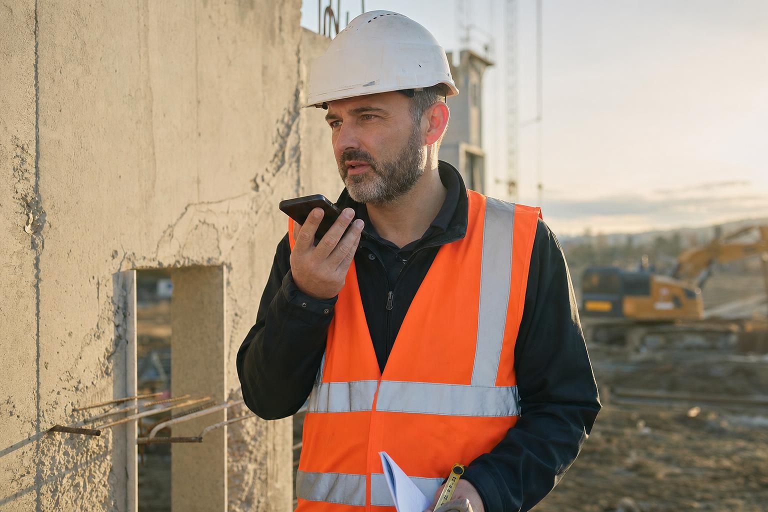 Chef de chantier BTP dictant un compte-rendu vocal sur son téléphone en fin de journée sur un chantier