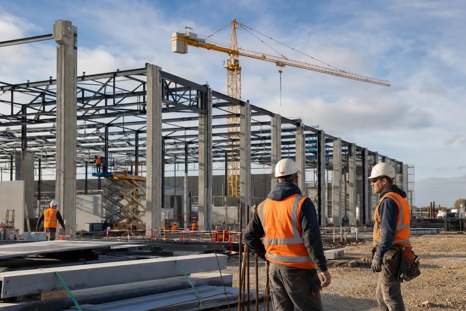 Chantier de construction d'un grand bâtiment industriel à ossature métallique, ouvriers en casque et gilet orange au premier plan, grue visible en arrière-plan, lumière de matinée.