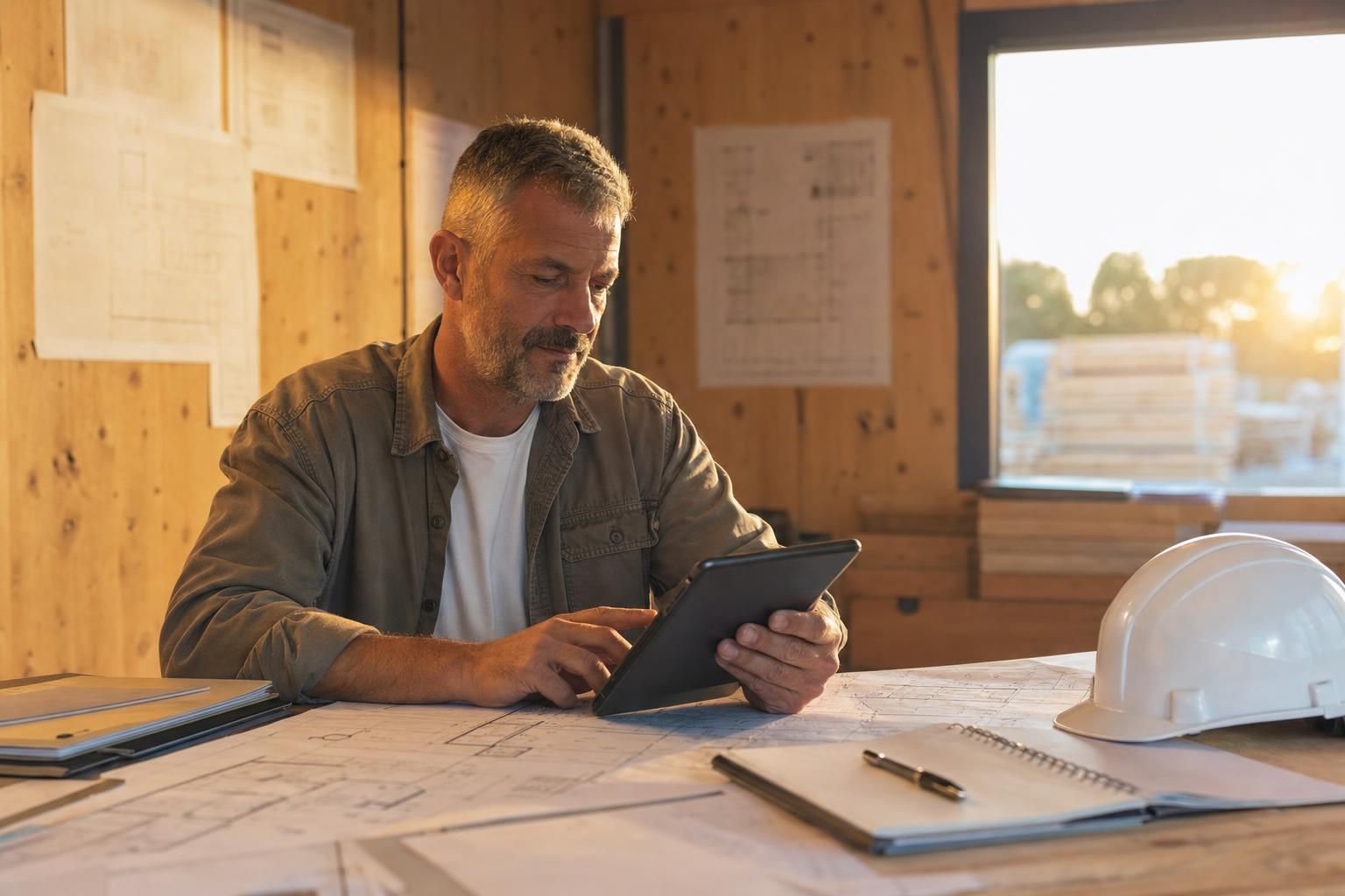 Conducteur de travaux consultant une tablette numérique dans son bureau de chantier en fin d'après-midi, plans dépliés sur le bureau, lumière chaude de fin de journée.