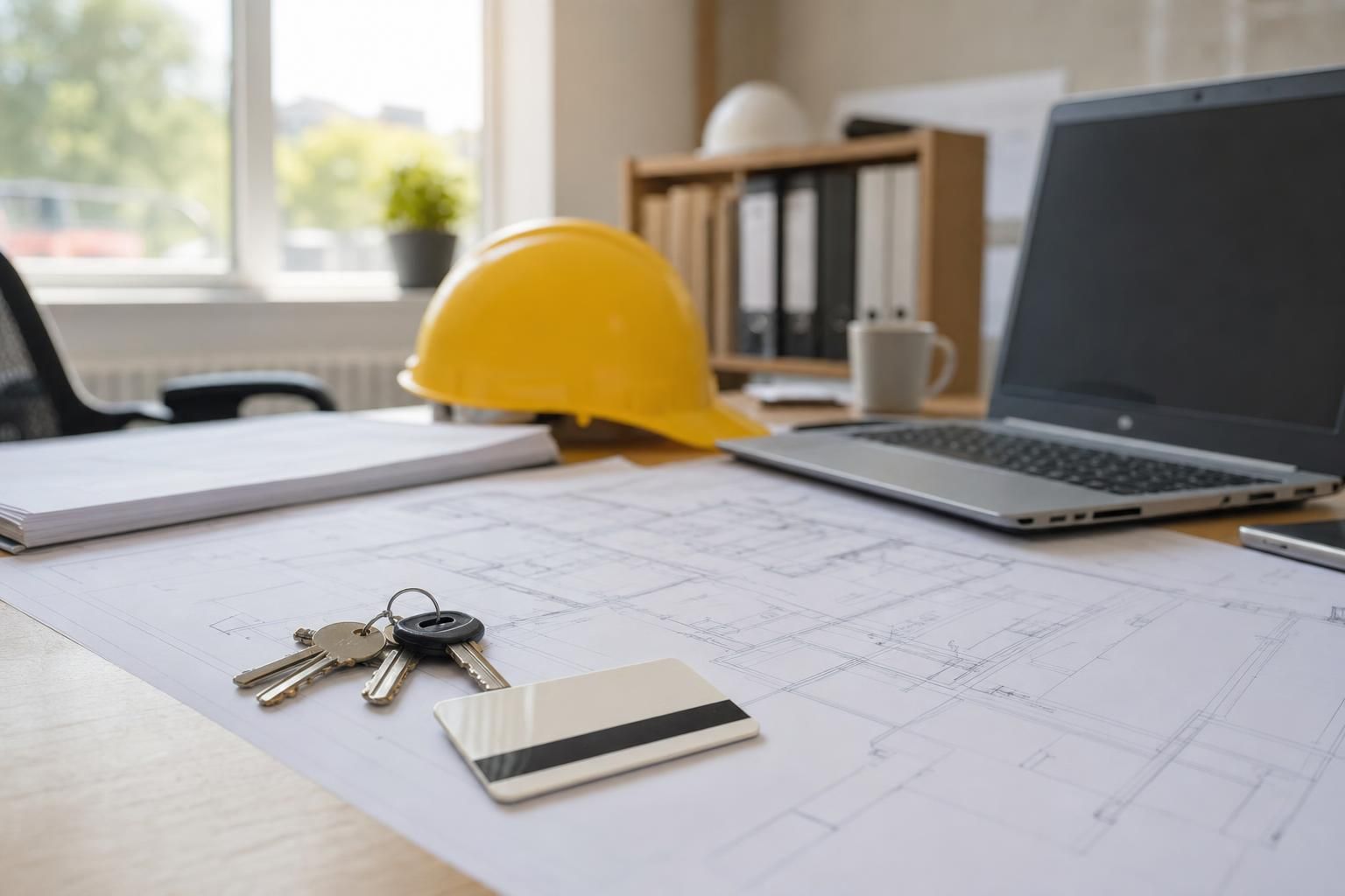 Badge d'accès magnétique et trousseau de clés posés sur un plan de chantier déplié, casque de sécurité jaune et ordinateur portable en arrière-plan sur un bureau de PME du bâtiment, lumière naturelle de matin.