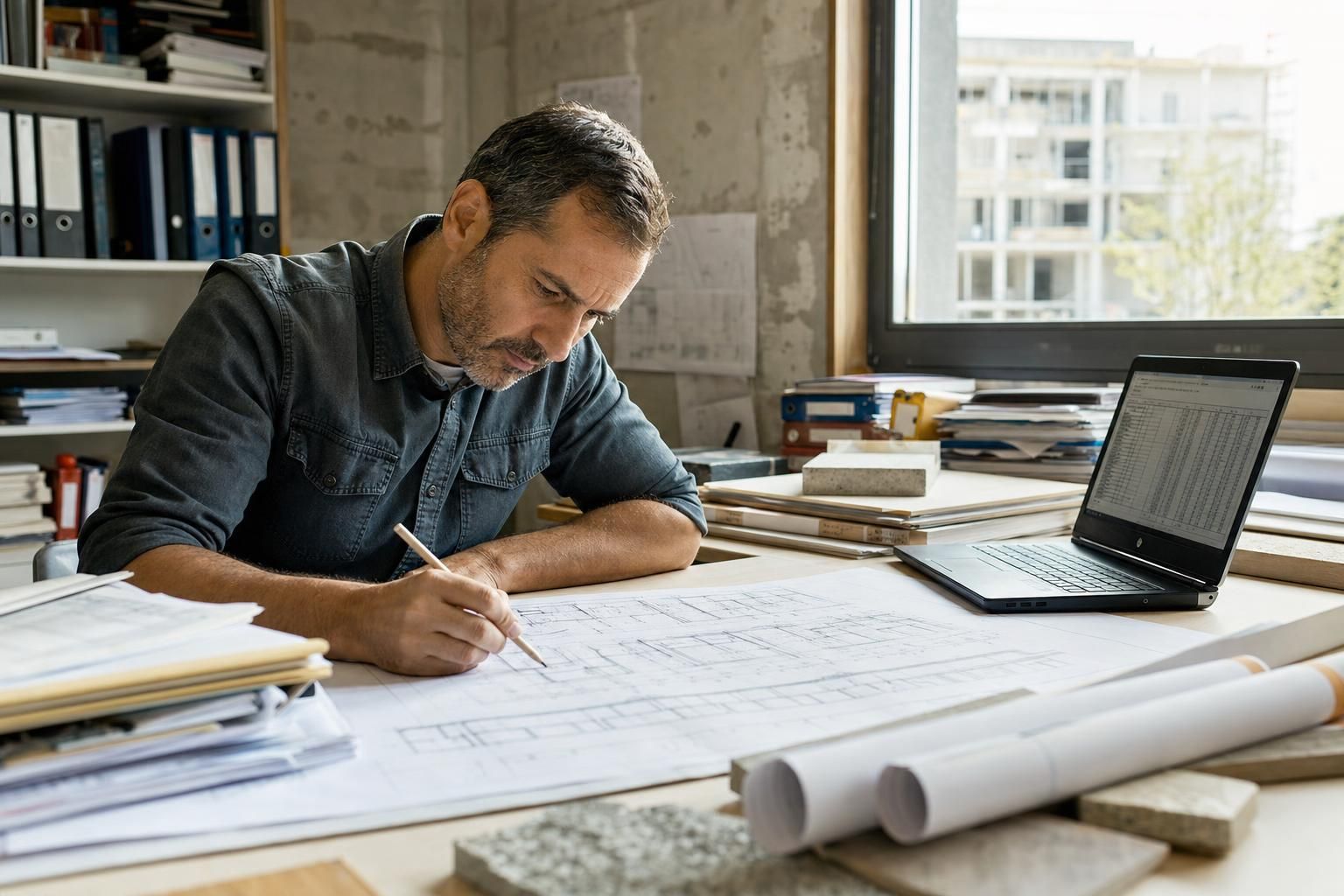 Ingénieur BTP penché sur des plans techniques étalés sur une table de bureau de chantier, ordinateur portable ouvert à côté, lumière naturelle de matinée.
