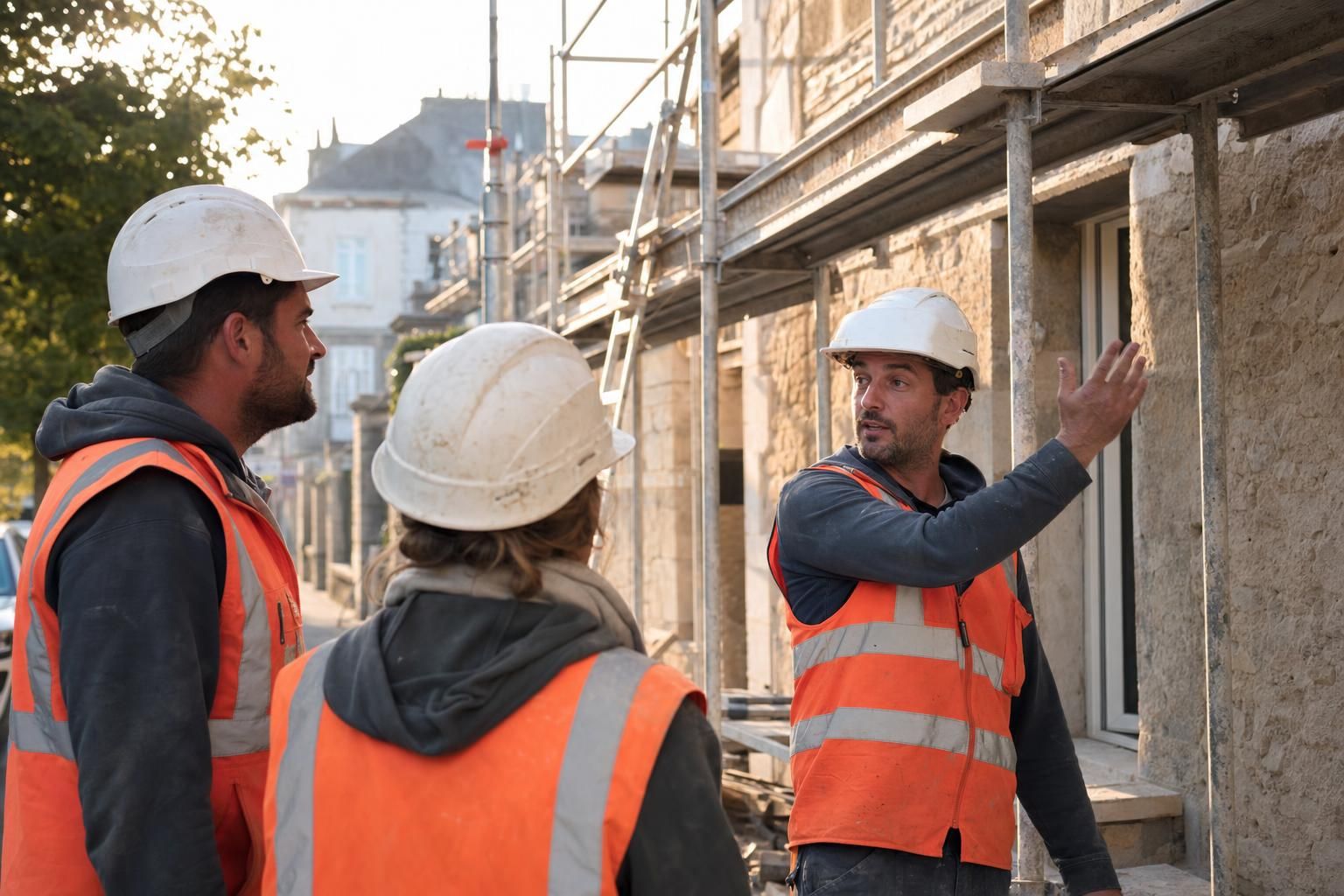 Équipe de trois artisans BTP en équipements de sécurité travaillant ensemble sur un chantier résidentiel, lumière dorée du matin.