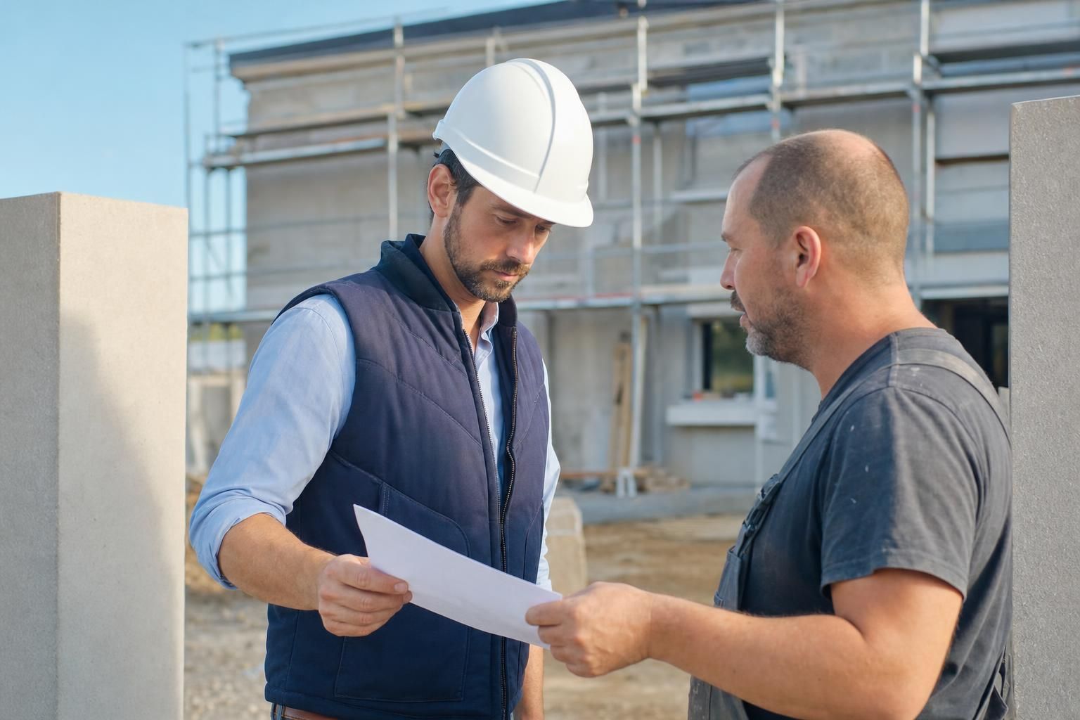 Conducteur de travaux en casque blanc examinant une attestation d'assurance remise par un artisan à l'entrée d'un chantier résidentiel, lumière de matinée d'été.