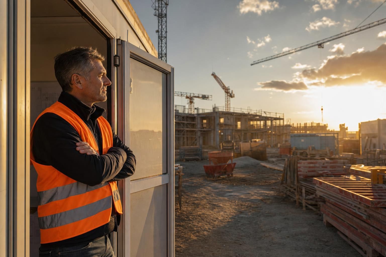 Dirigeant de PME du bâtiment debout à l'entrée d'une baraque de chantier, regardant le chantier en cours au loin, gilet de sécurité orange, lumière de fin d'après-midi.