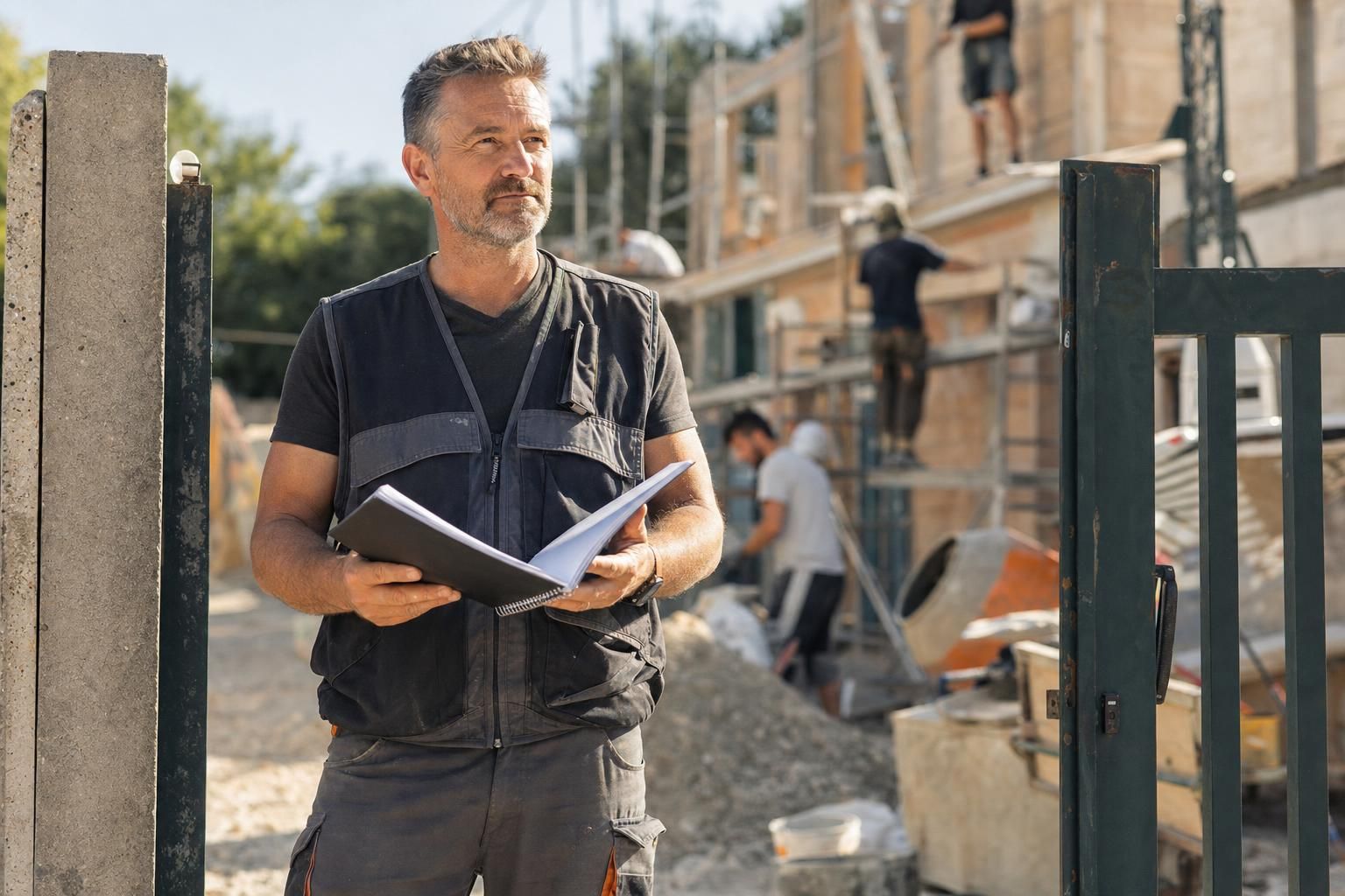 Dirigeant d'une PME du bâtiment debout devant un chantier en cours, tenant un carnet de planification, ouvriers actifs en arrière-plan, lumière de matinée d'été.