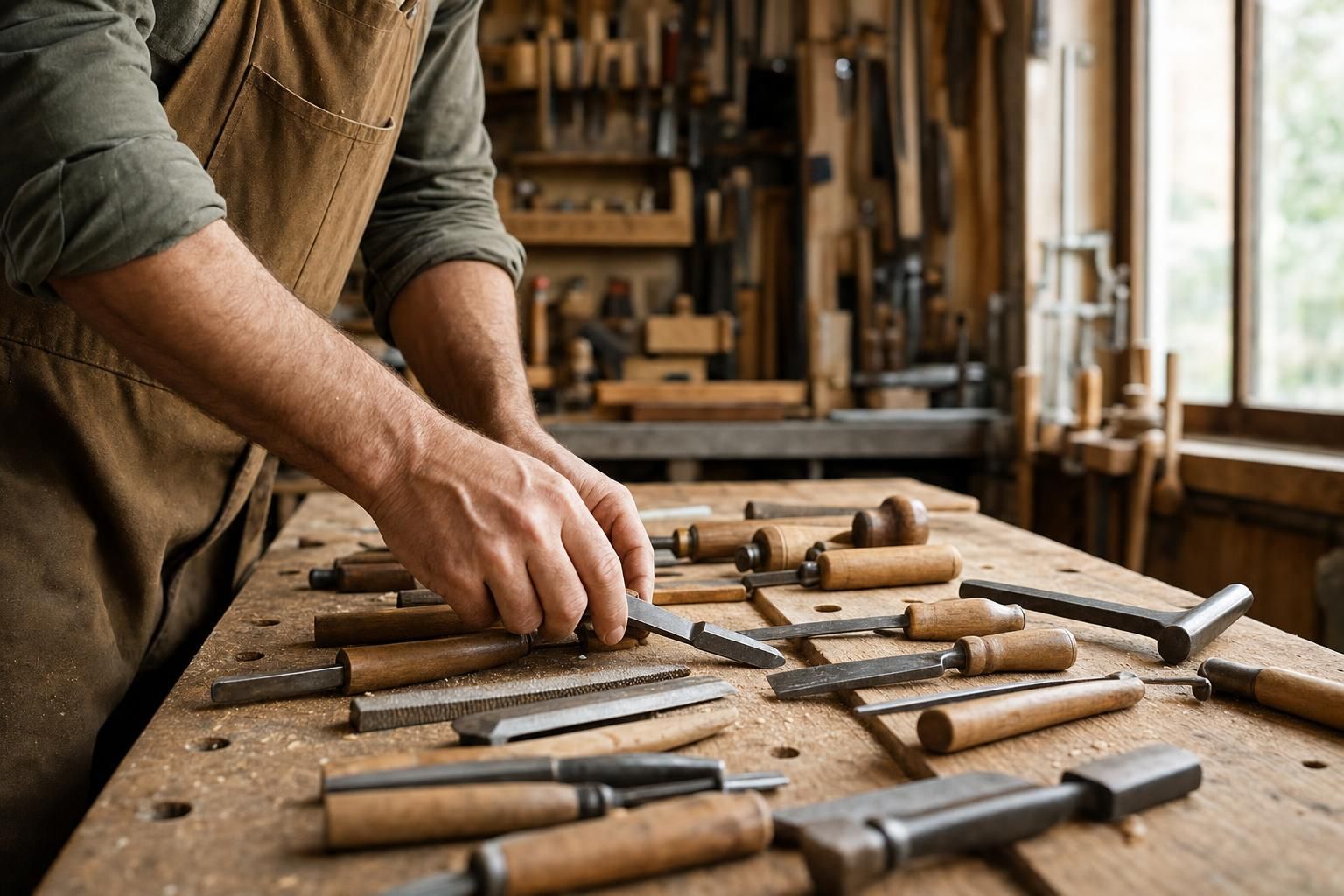 Mains d'un artisan sélectionnant un outil parmi plusieurs rangés sur un établi en bois usé, lumière naturelle de fenêtre d'atelier, outils de tailles variées au premier plan.