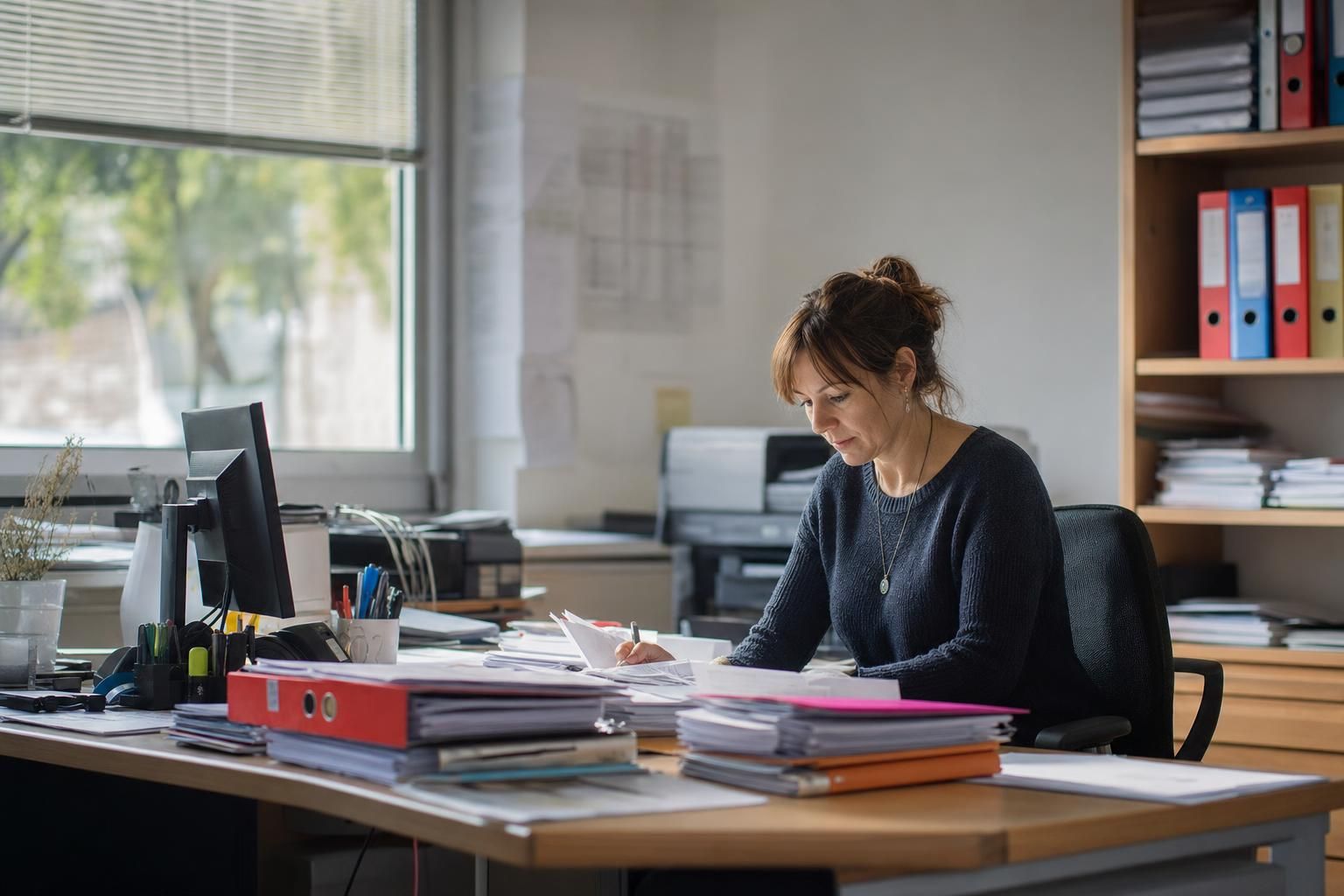Responsable administrative d'une PME du bâtiment assise à son bureau, entourée de classeurs et de dossiers de conformité, lumière naturelle de matinée.