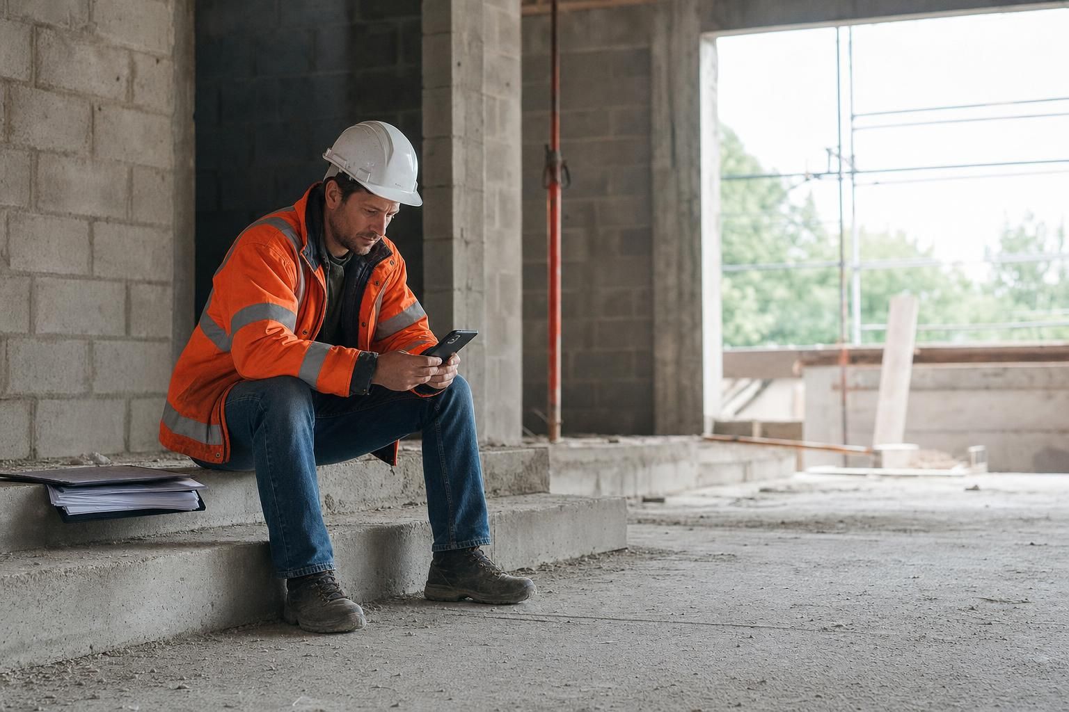 Chef de chantier en veste orange assis sur une marche en béton à l'intérieur d'un bâtiment en construction, consultant son smartphone d'un air concentré, dossier de papiers posé à côté, lumière naturelle entrant par une ouverture dans la façade.