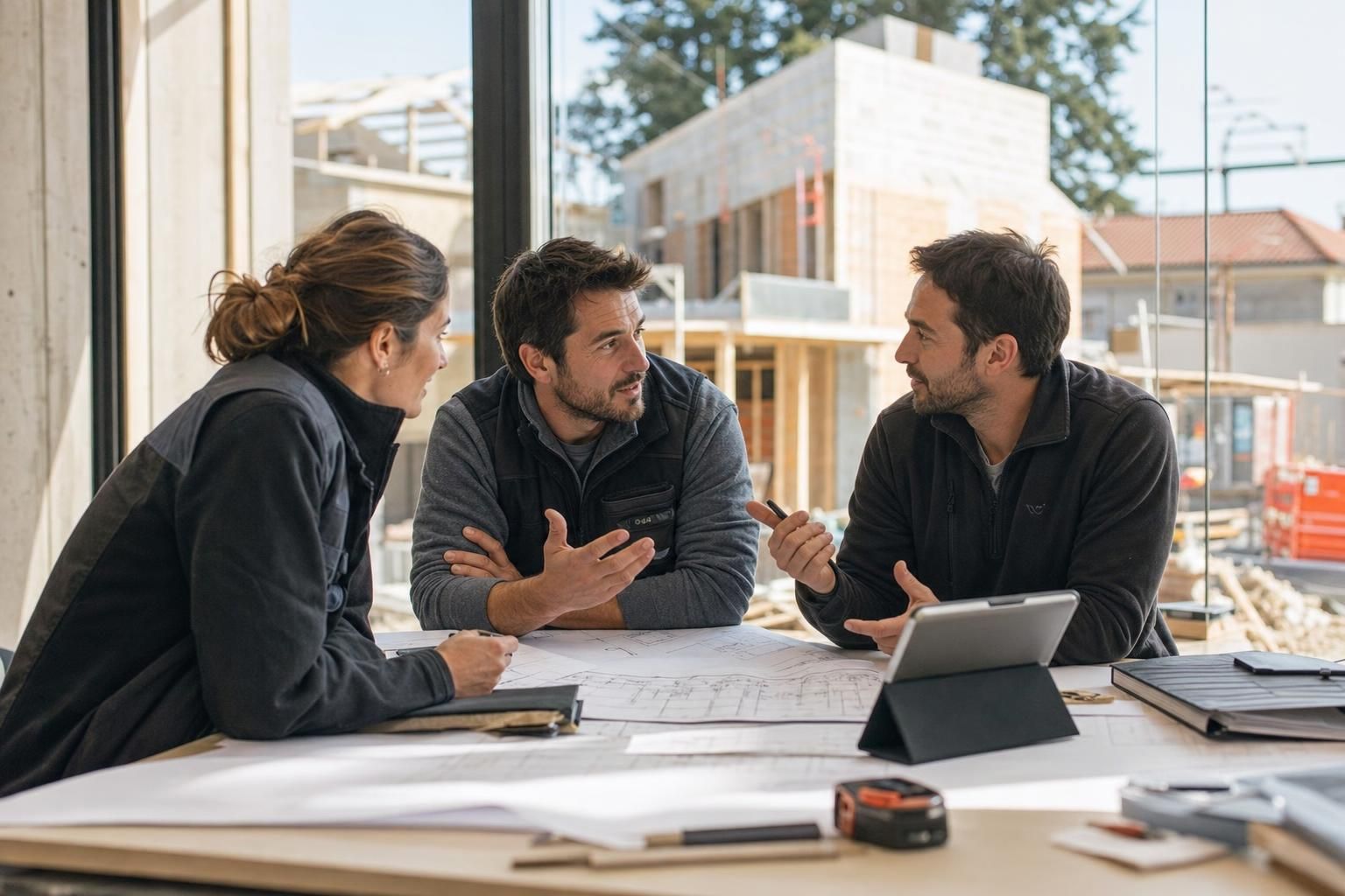 Équipe d'une PME du bâtiment réunie autour d'une table dans un bureau lumineux, plans et tablette sur la table, échanges en cours, lumière naturelle de matinée.