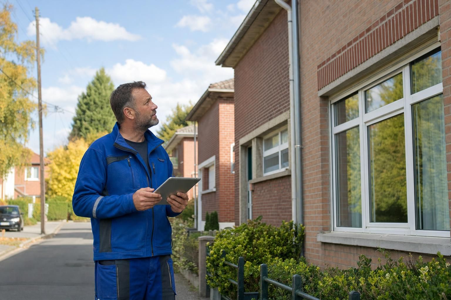 Artisan en tenue de travail tenant une tablette dans une rue de pavillons français, évaluant une maison individuelle en brique pour des travaux de rénovation énergétique, lumière de début septembre.