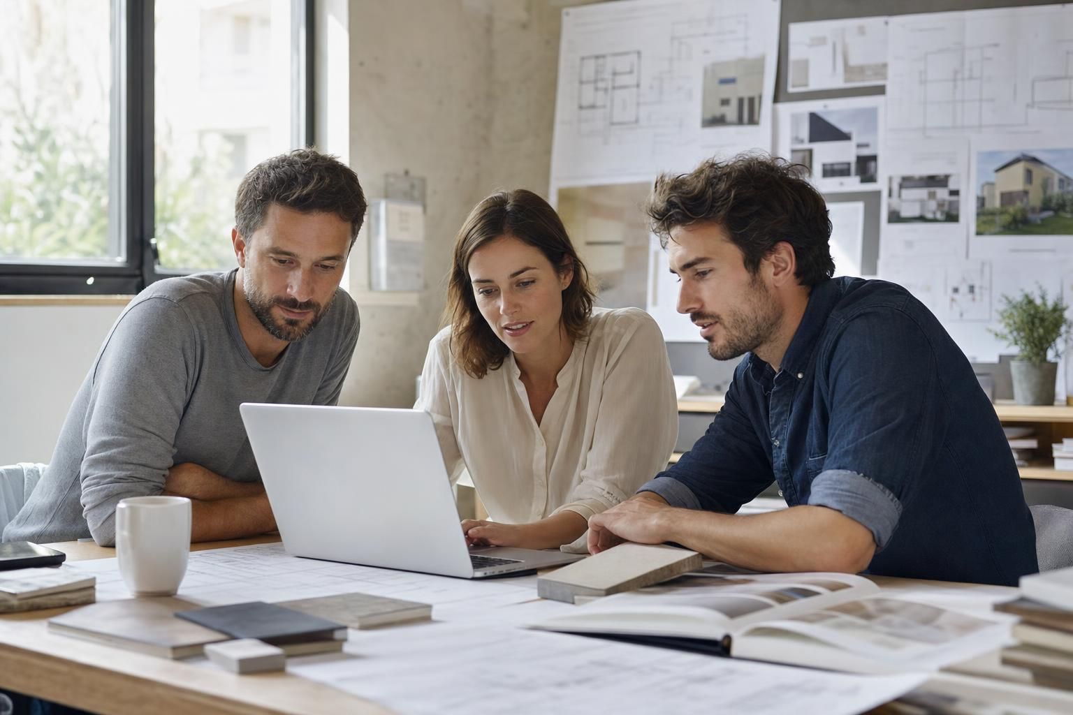 Équipe de trois professionnels du bâtiment réunis autour d'un bureau, consultant un ordinateur portable ensemble, plans au mur, lumière naturelle de matin dans un bureau de PME.
