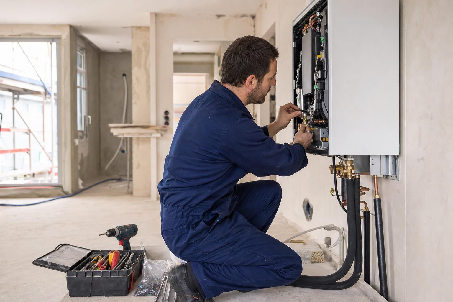 Technicien chauffagiste installant une pompe à chaleur murale dans un appartement en cours de rénovation thermique, lumière naturelle.