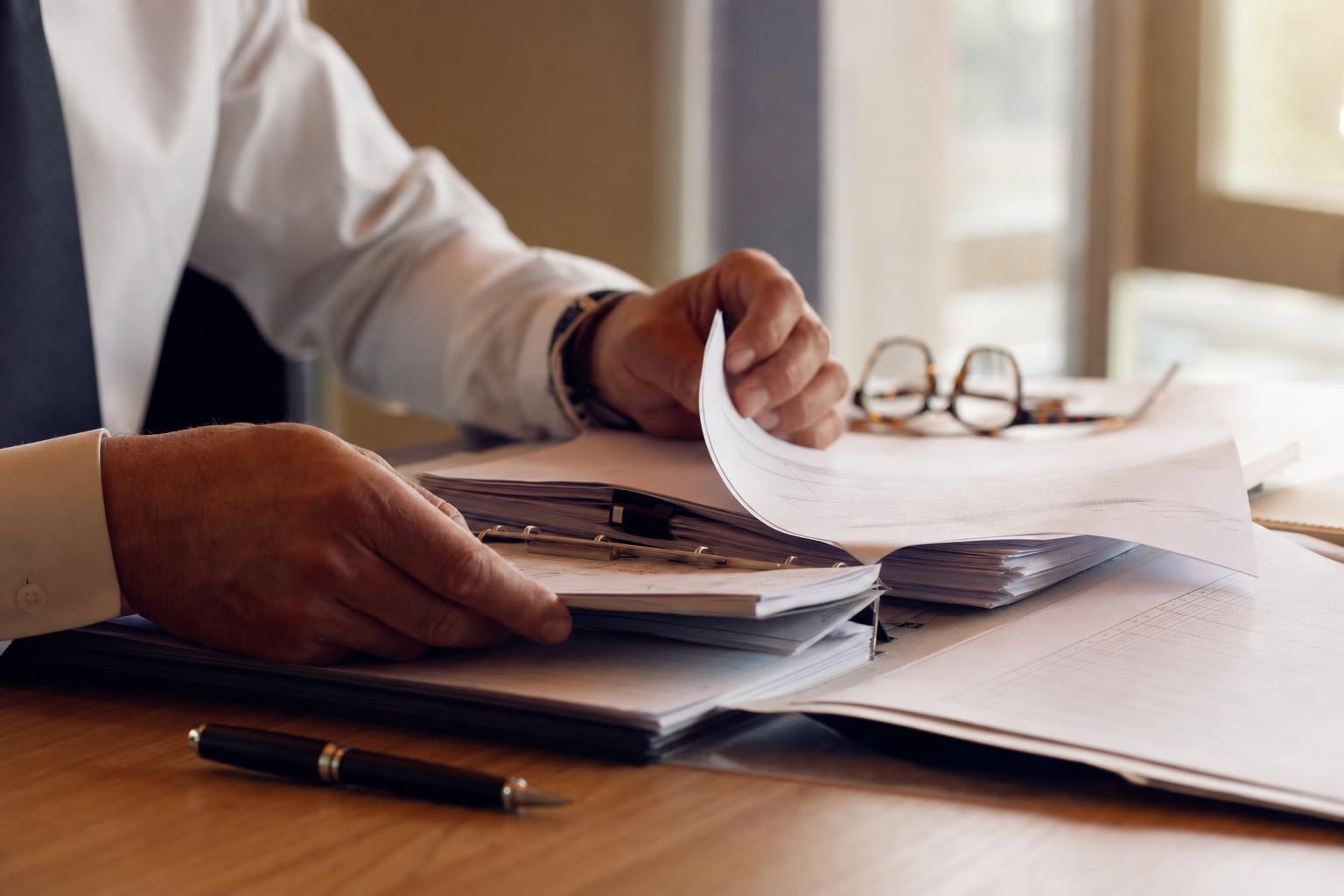 Gros plan sur les mains d'un dirigeant feuilletant un classeur de documents de chantier sur un bureau en bois, stylo à côté, lumière naturelle de fin d'après-midi.