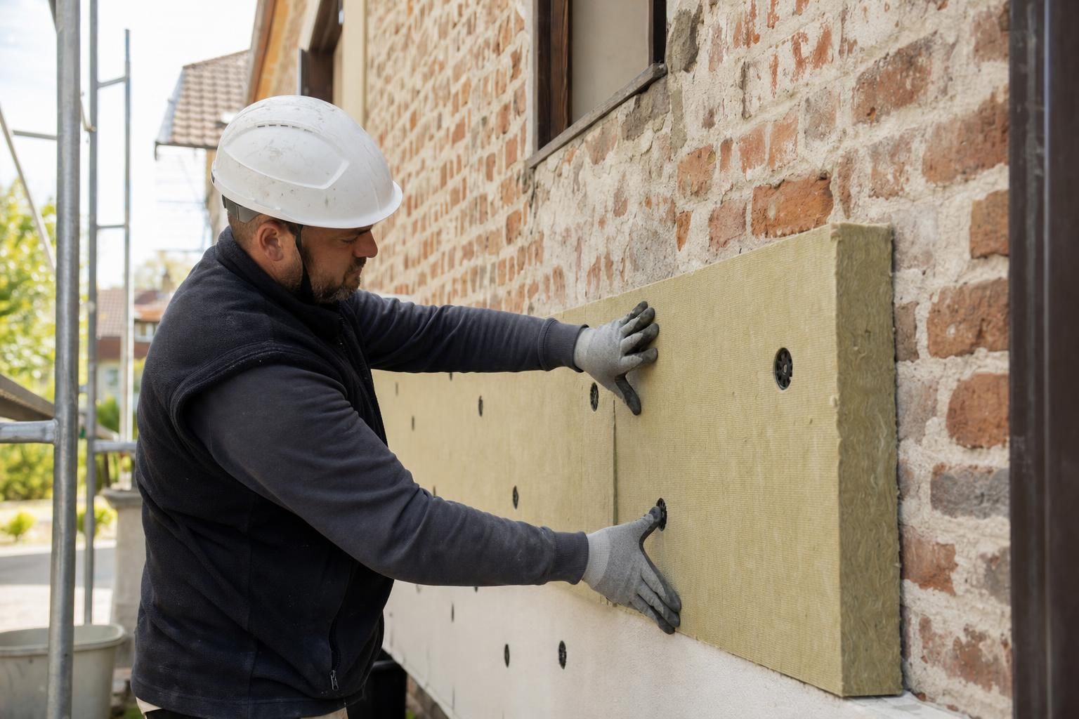Artisan posant des panneaux d'isolation thermique par l'extérieur sur la façade d'une maison individuelle en briques, lumière naturelle, équipements de protection.
