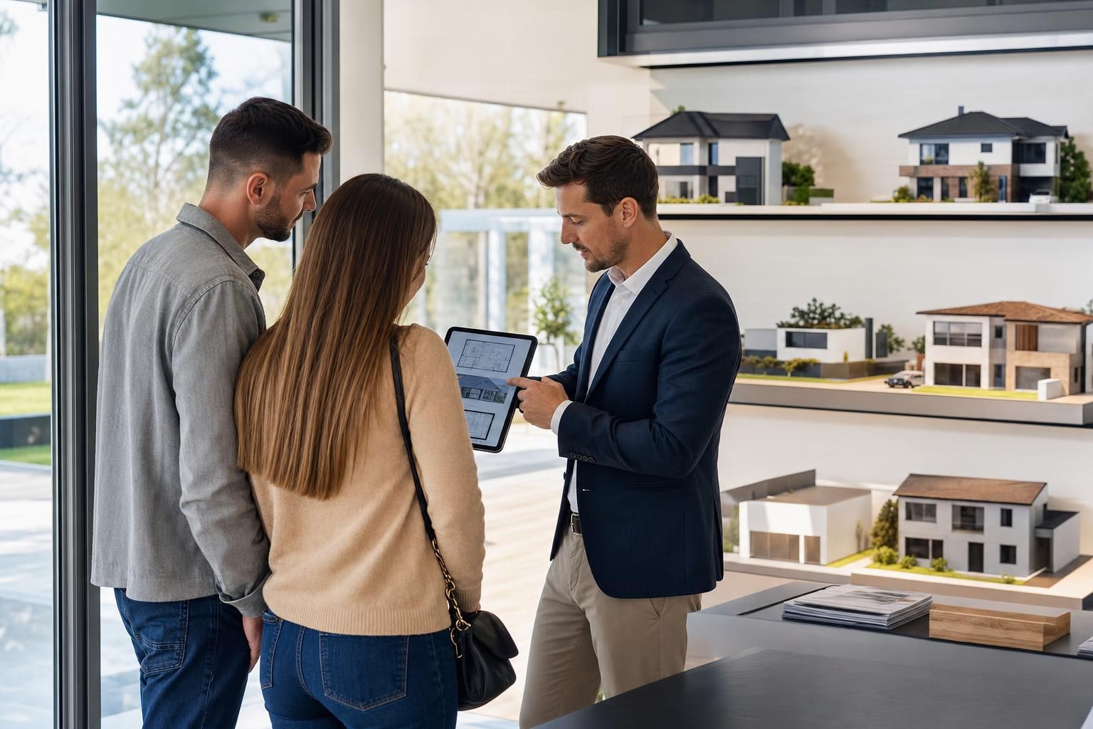 Commercial présentant les plans d'une maison individuelle sur une tablette à un couple de clients dans un espace de vente lumineux, lumière naturelle d'après-midi.