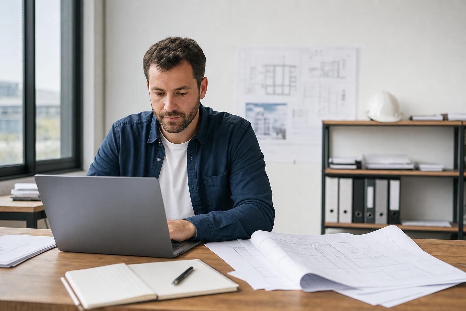 Conducteur de travaux assis à un bureau, ordinateur portable ouvert et plans de construction dépliés devant lui, lumière naturelle de matinée, bureau de PME du bâtiment.
