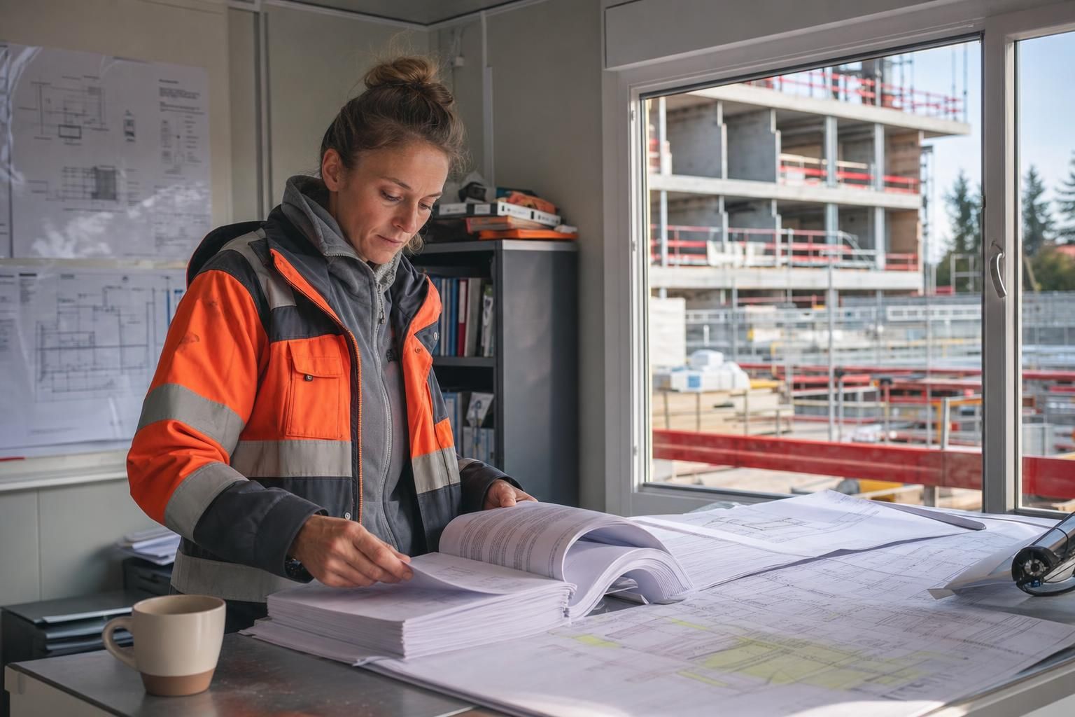 Cheffe de chantier consultant un épais dossier d'appel d'offres dans un bureau préfabriqué de chantier, plans de construction dépliés à côté, lumière naturelle de matin.