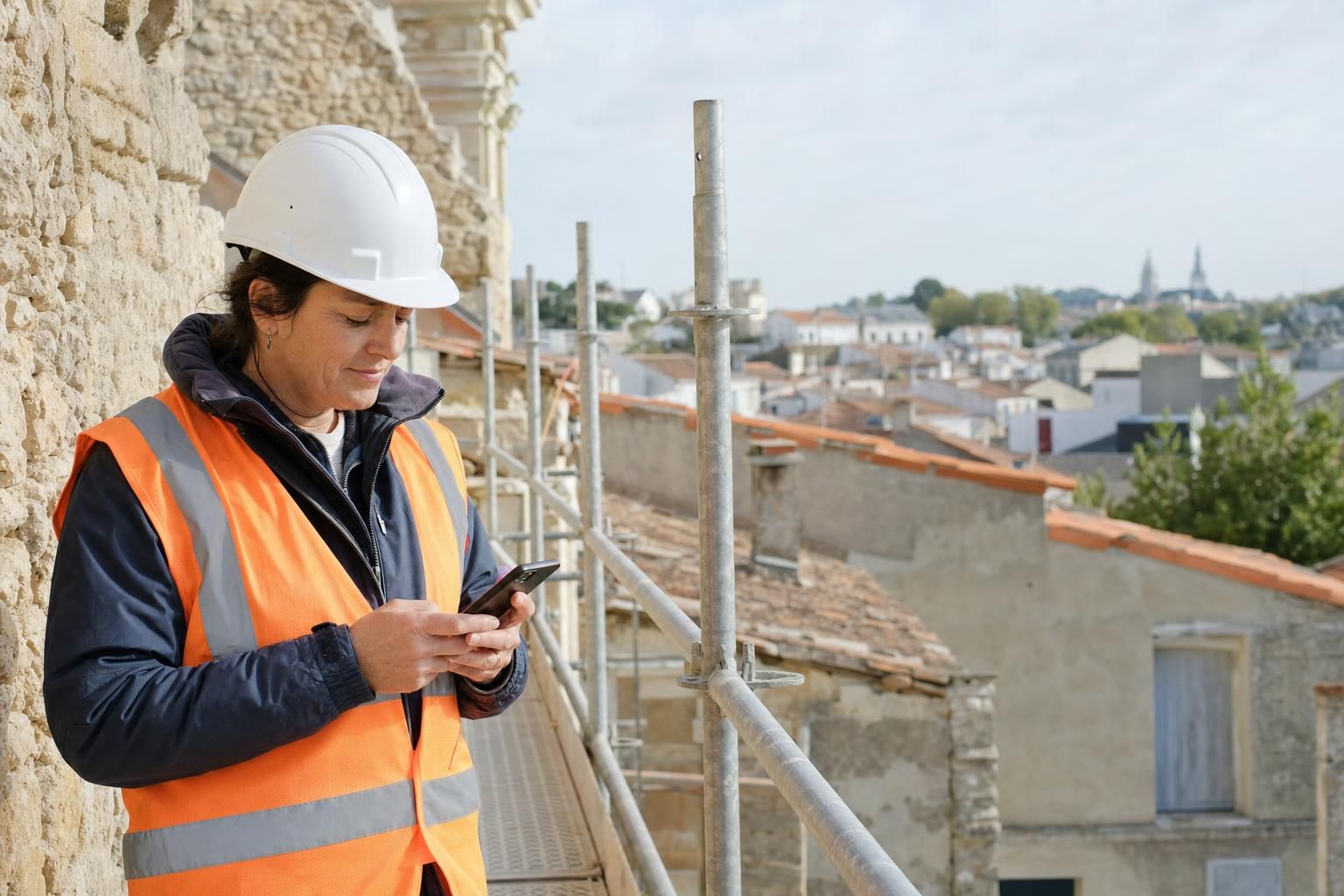 Conductrice de travaux en casque blanc et gilet orange consultant son smartphone sur l'échafaudage d'une maison en pierre en rénovation, toits d'une petite ville en arrière-plan, lumière de matinée.
