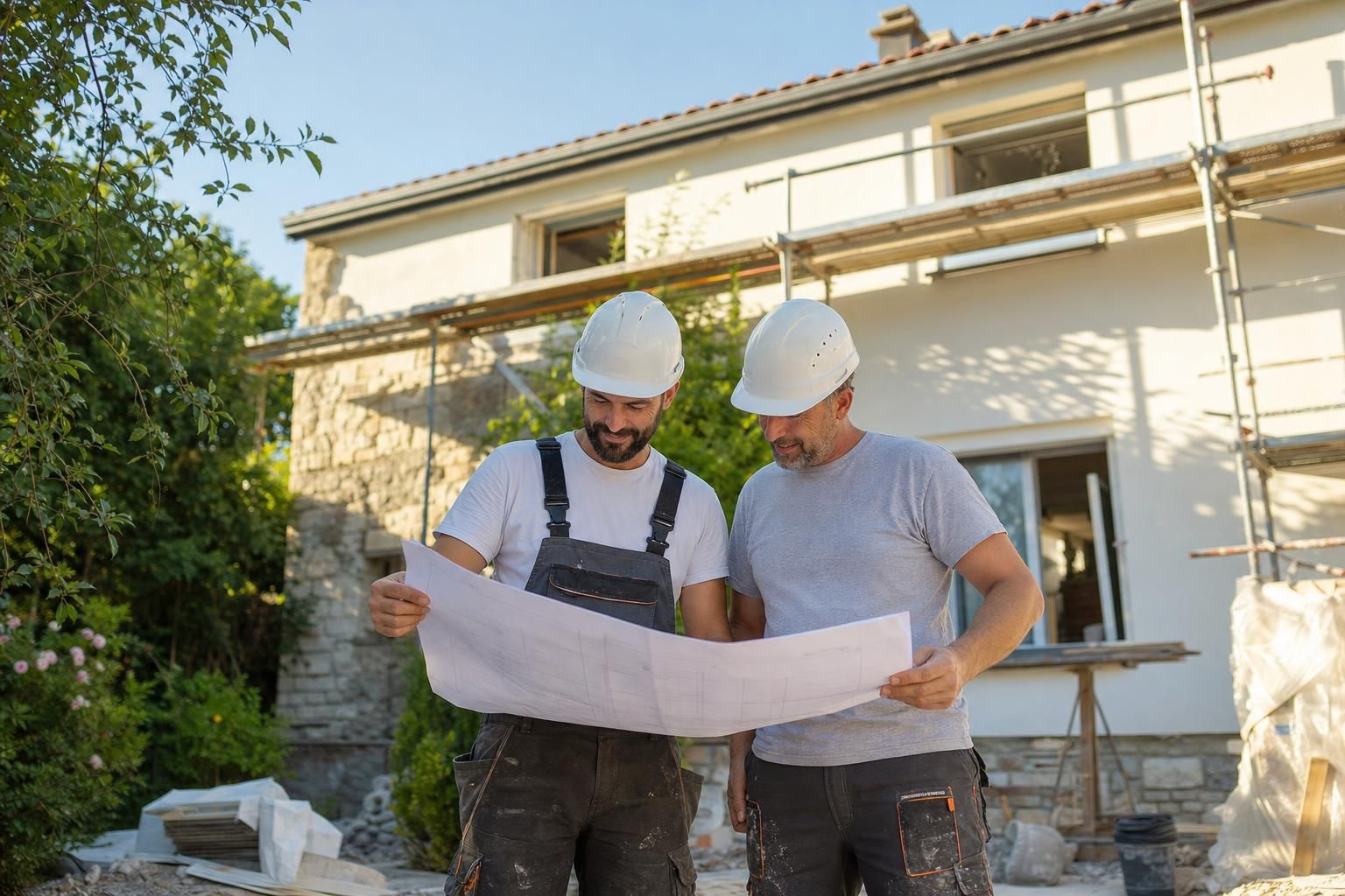 Deux artisans en casques de sécurité consultant un plan devant une maison individuelle en cours de rénovation, lumière de matinée d'été.